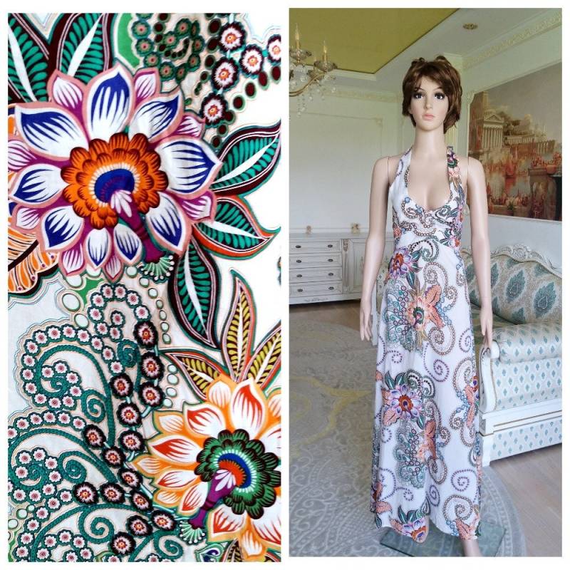 Floral Maxi Kleid Boho Sommerkleid Lange Frauen Baumwollkleid Strand Blume Druck Mehrfarbigekleid Sonnenkleid S von Lolitavintagee