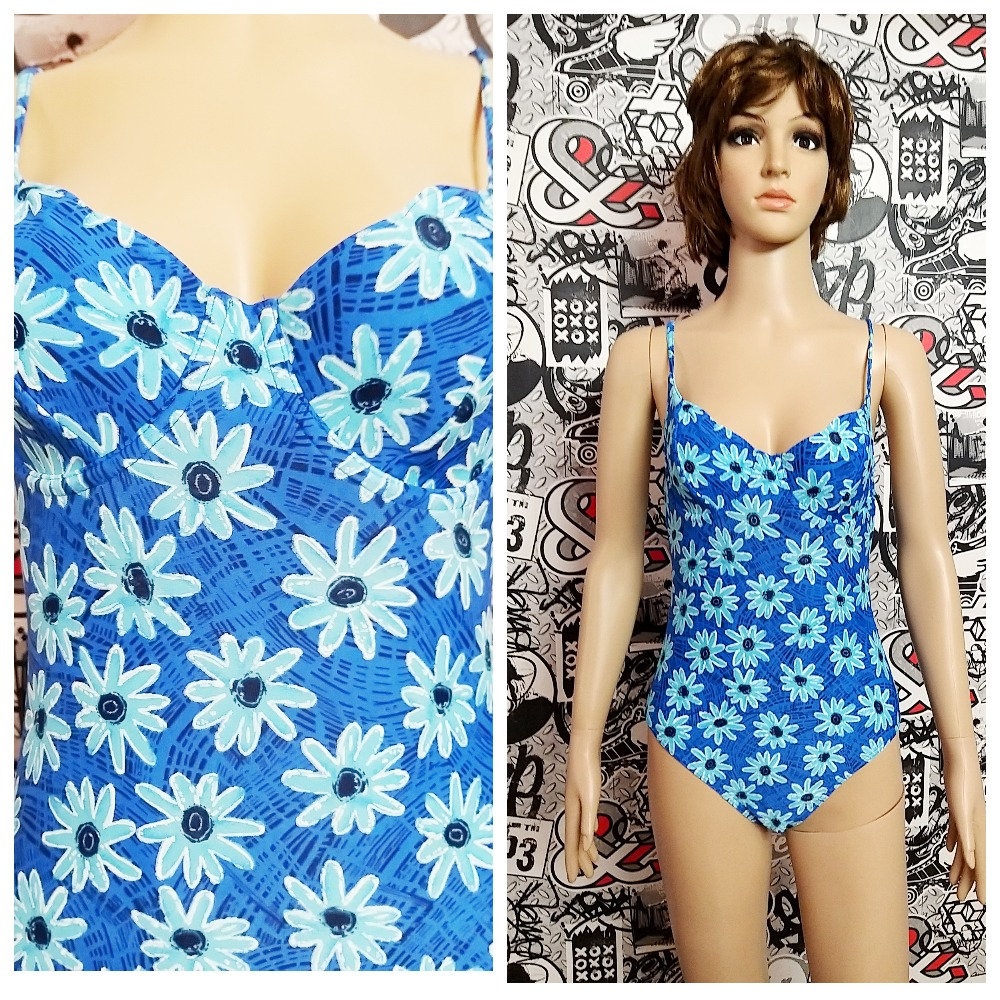 Frauen Bademode Vintage Floral Badeanzüge 90Er Jahre Blau Badeanzug Ein Stück Boho M von Lolitavintagee