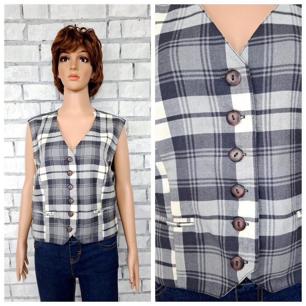 Graue Karierte Weste Vintage Damen Tartan Gemustertes Top Westen Retro Gemusterte Karierte von Lolitavintagee