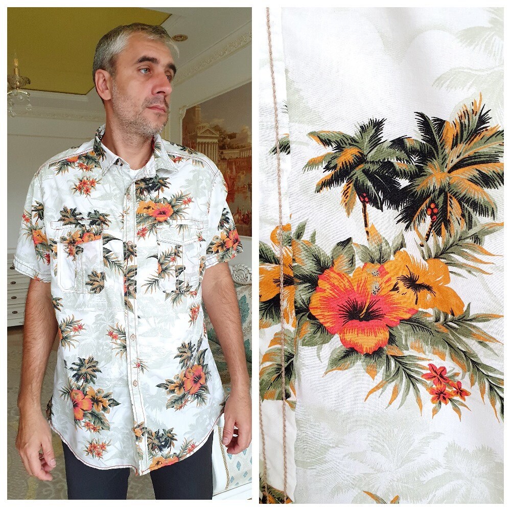 Hawaii Shirt Aloha Herren 2xl Floral Boho Hibiskus Print Orange Hawaiian Hippie Strand von Lolitavintagee