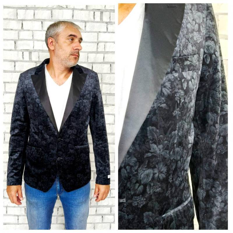 Herren Floral Schwarze Samtjacken L Vintage Samtblazer Schwarzer Sportmantel Anzugjacken Abendjacke von Lolitavintagee