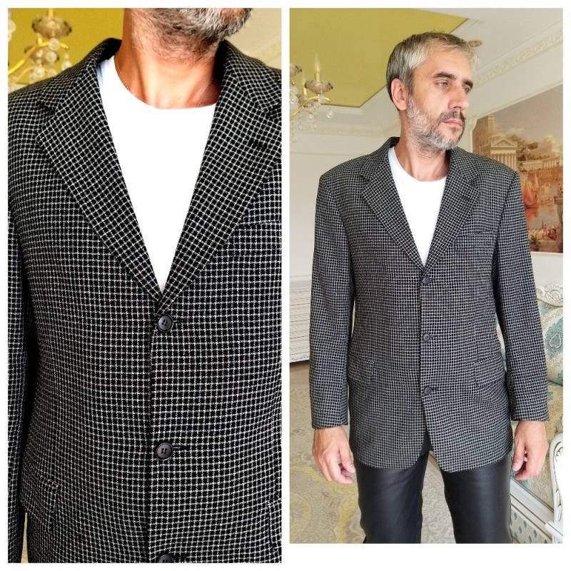 Herren Kleidung 80Er Blazer Herrenjacke L Vintage Schwarz Kariert Tweed Karierte Jacke Boho Sportmantel von Lolitavintagee