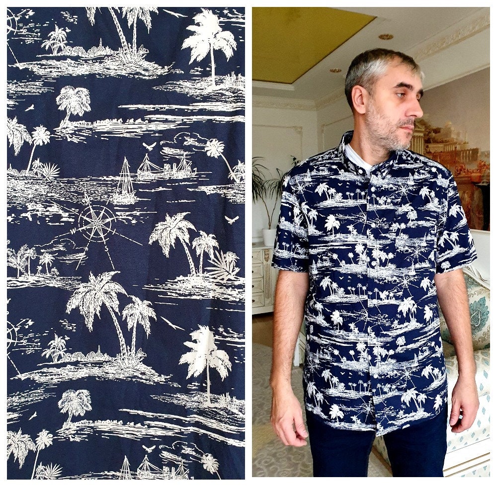 Herren Shirt Blumen Boho Baumwolle Hawaiianisch Print Strand Hippie Aloha Marineblau Palmen Xl von Lolitavintagee