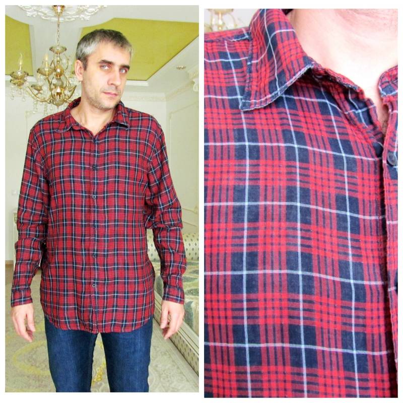Herren Shirt Cowboy Button Up Rot Kariert Flanell Vintage Baumwolle Westlichen Größe Xl von Lolitavintagee