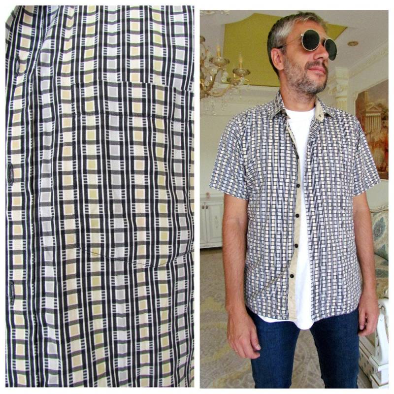 Herren Shirt Gingham Retro Weiß Schwarz Kleidung Baumwolle Kurzarm Button Up Größe M von Lolitavintagee