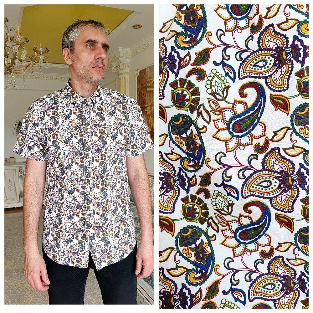 Herren Shirt L Paisley Print Abstrakt Shirts Muster Boho Hippie Festival Button Up Native von Lolitavintagee