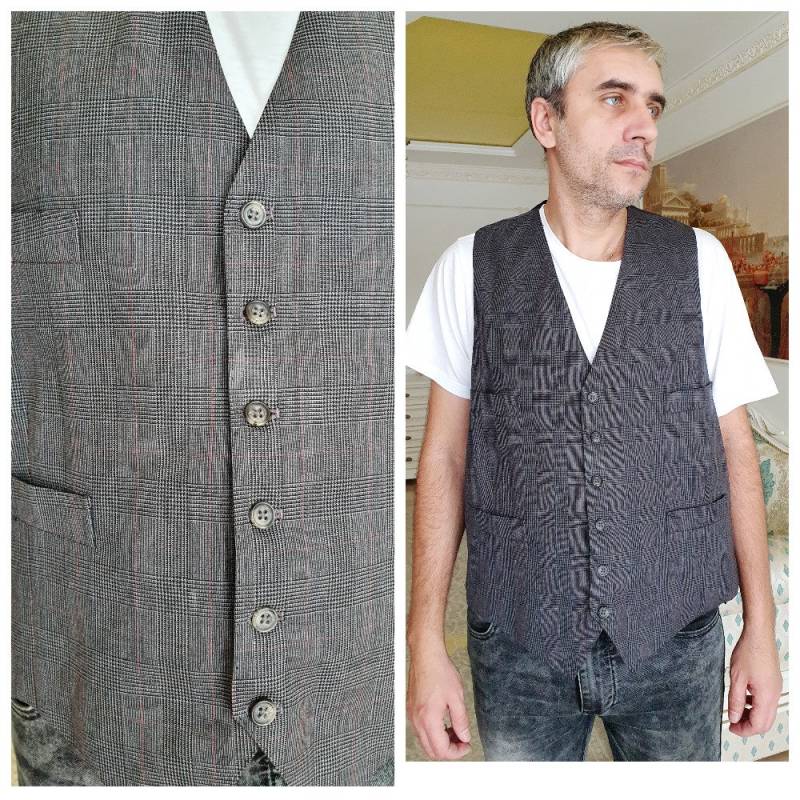 Herren Weste Karierte Graue Wolle Vintage Ärmellose Jacke Bräutigam Tartan Hochzeit Tweed Xl von Lolitavintagee