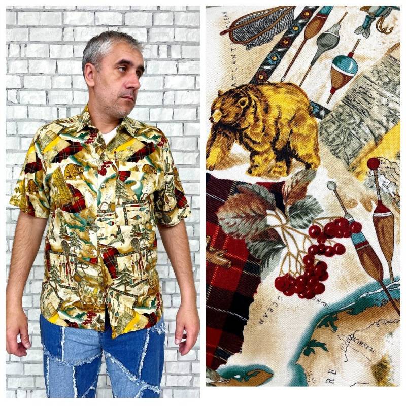 Jägergeschenk Huntsman Shirt L Weltkarten-Print-Shirts Boho-Shirts Hippie-Shirts Bären-Print-Shirts Herren-Sommer-Shirt Strand-Shirts Tier-Shirts von Lolitavintagee