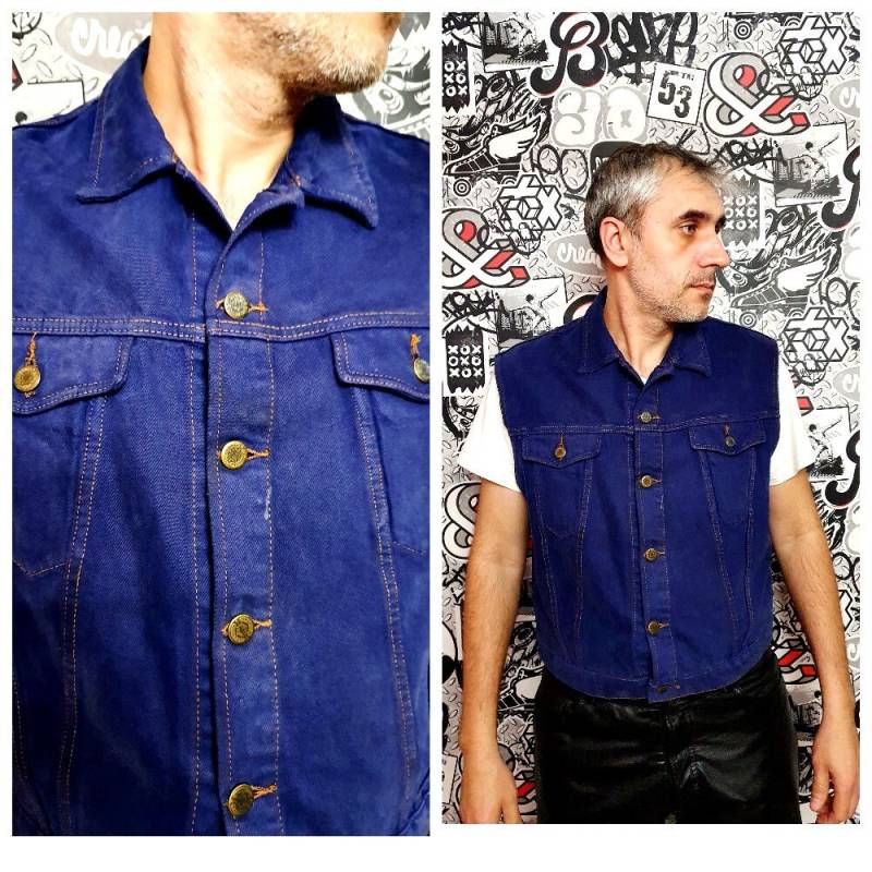 Jeans Kleidung Herren Weste Blaue Vintage Ärmellose Jacke Baumwolle L von Lolitavintagee
