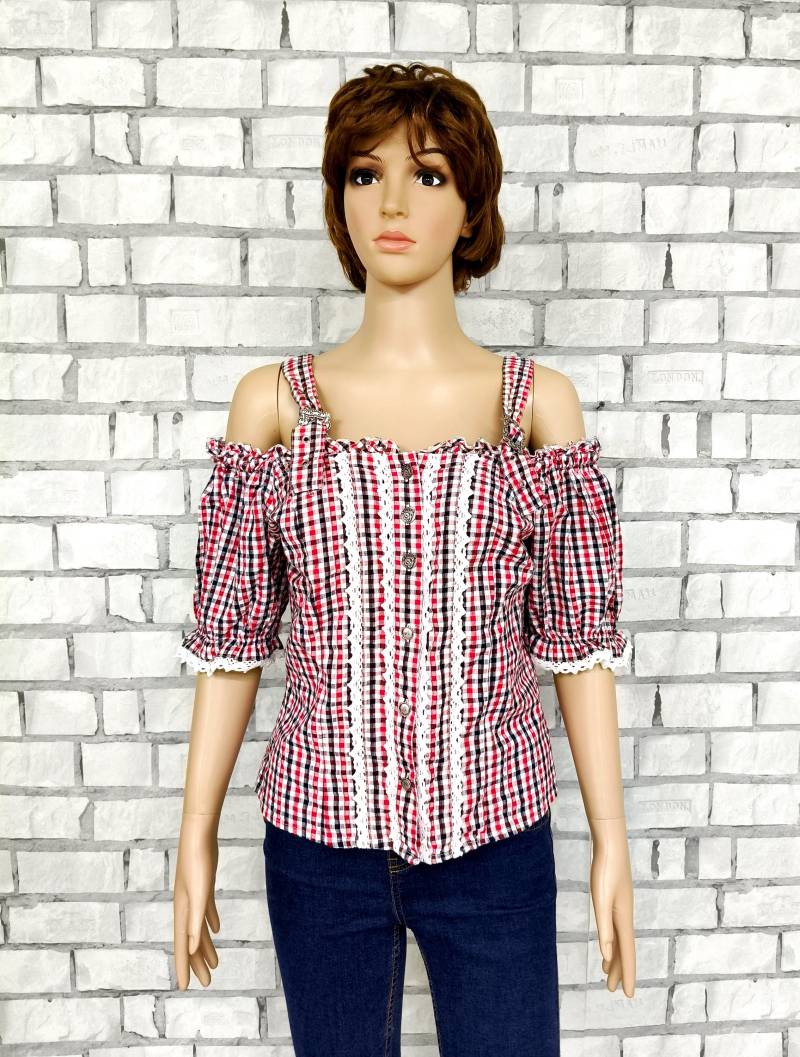 Karo Bluse Xl Dirndl Top Rot Vichy Karohemd Button Shirt Rüschenhemd von Lolitavintagee