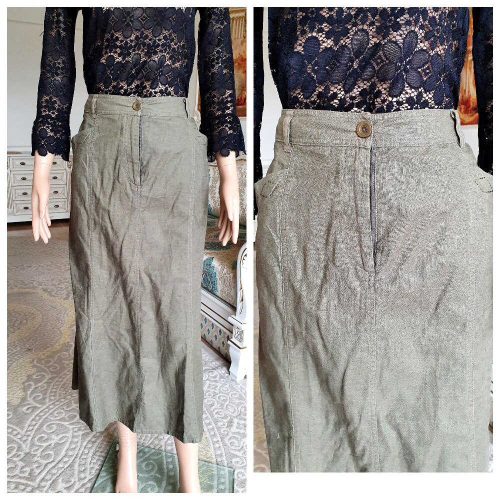 Khaki Rock M Langer Leinenrock Frauen Alltagsrock Boho Maxy Retro Militärrock Hippie Sommerrock Lässiger von Lolitavintagee