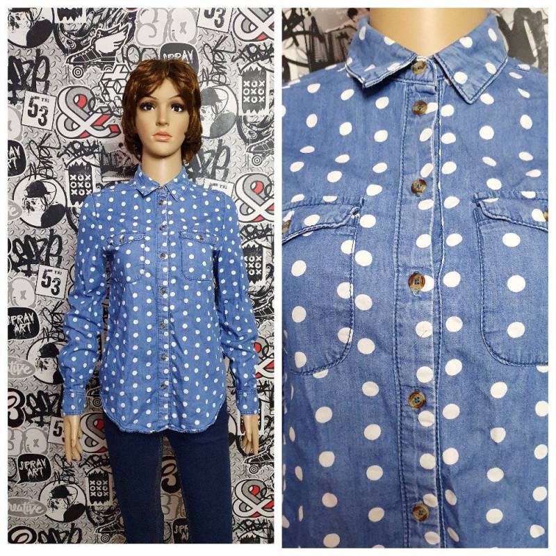 Kragenbluse Polka Dot Denim Bluse 90Er Damen Shirt Retro Minimalist Jeans Arbeiter Xs/S von Lolitavintagee
