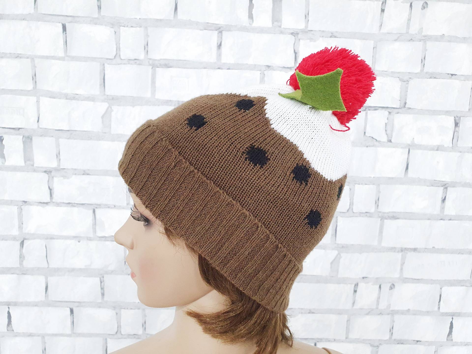 Obst Hut Brauner Damen Erdbeer Beanie Mütze Strick Zopfmütze Wintermütze Skimütze Übergroße von Lolitavintagee