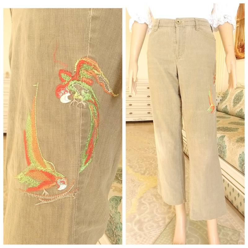 Papagei Print Bestickte Jeanshose Vogel Khaki Damen Jeans Bottom Hippie Retro Hose L Boho von Lolitavintagee