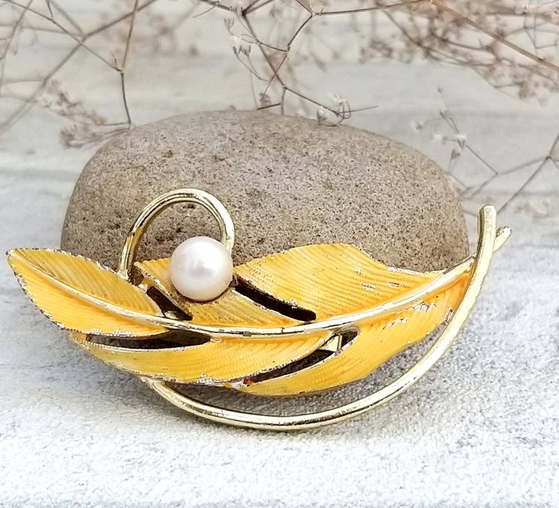 Perlmutt Brosche Schmuck Damen Gold Gold Feder Boho Retro von Lolitavintagee