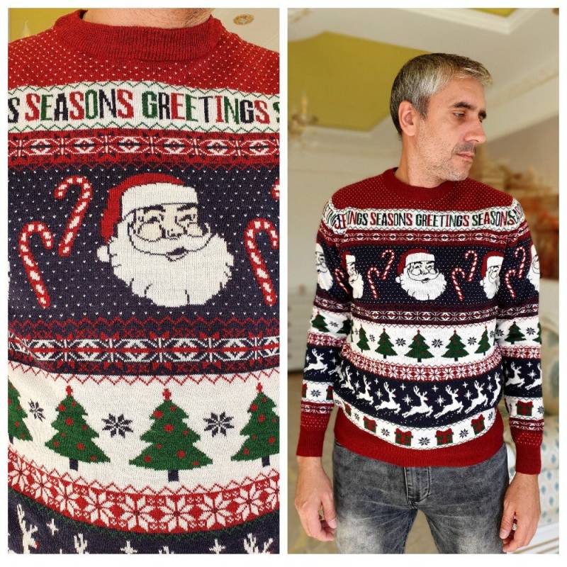 Reh Print Hässlicher Pullover Weihnachtsmann Weihnachten Winterpullover M Warmer Urlaubspullover Weihnachtspullover Weihnachtsbaum von Lolitavintagee