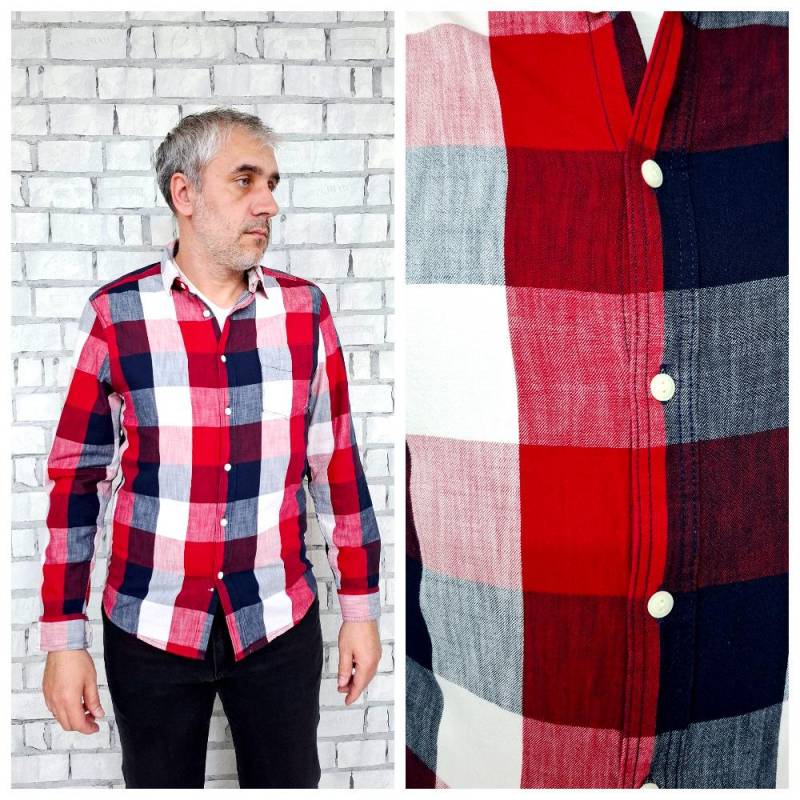 Rot Kariertes Hemd Herren Retro Baumwollhemd Vintage Cowboy Knopf Westernhemd Langarmhemd Größe M von Lolitavintagee