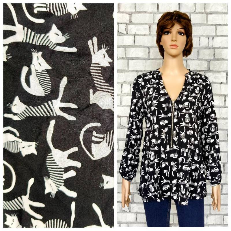 Schwarz Weiße Bluse L Katzen-Shirt Katzen-Top Tierprint-Bluse Tier-Top Damen Alltag Boho-Vintage Katzen-Bluse von Lolitavintagee
