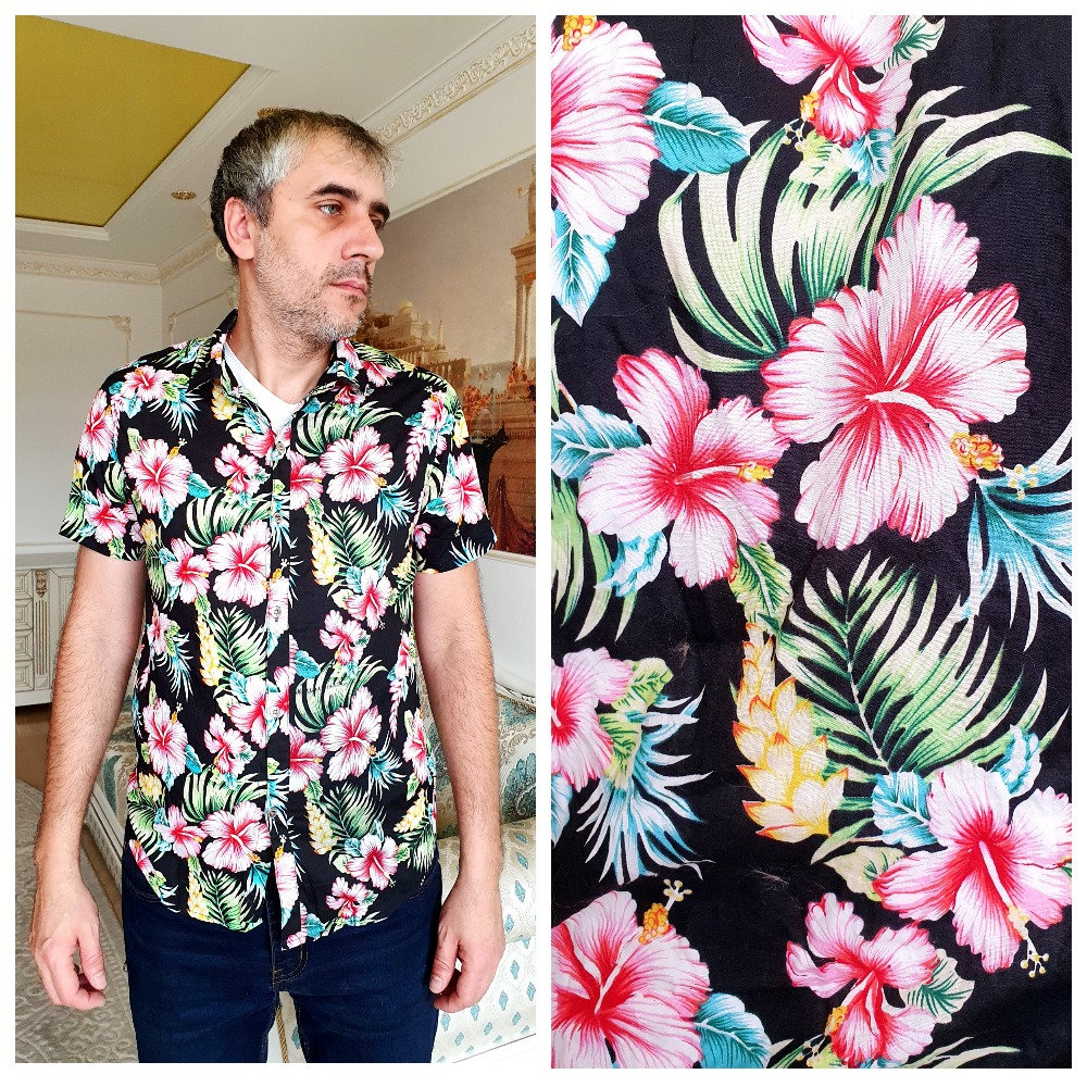 Schwarzes Boho Shirt Hibiskus Print Strand Aloha Herren Blumen Hawaiihemd Hawaiianer Hippie M von Lolitavintagee