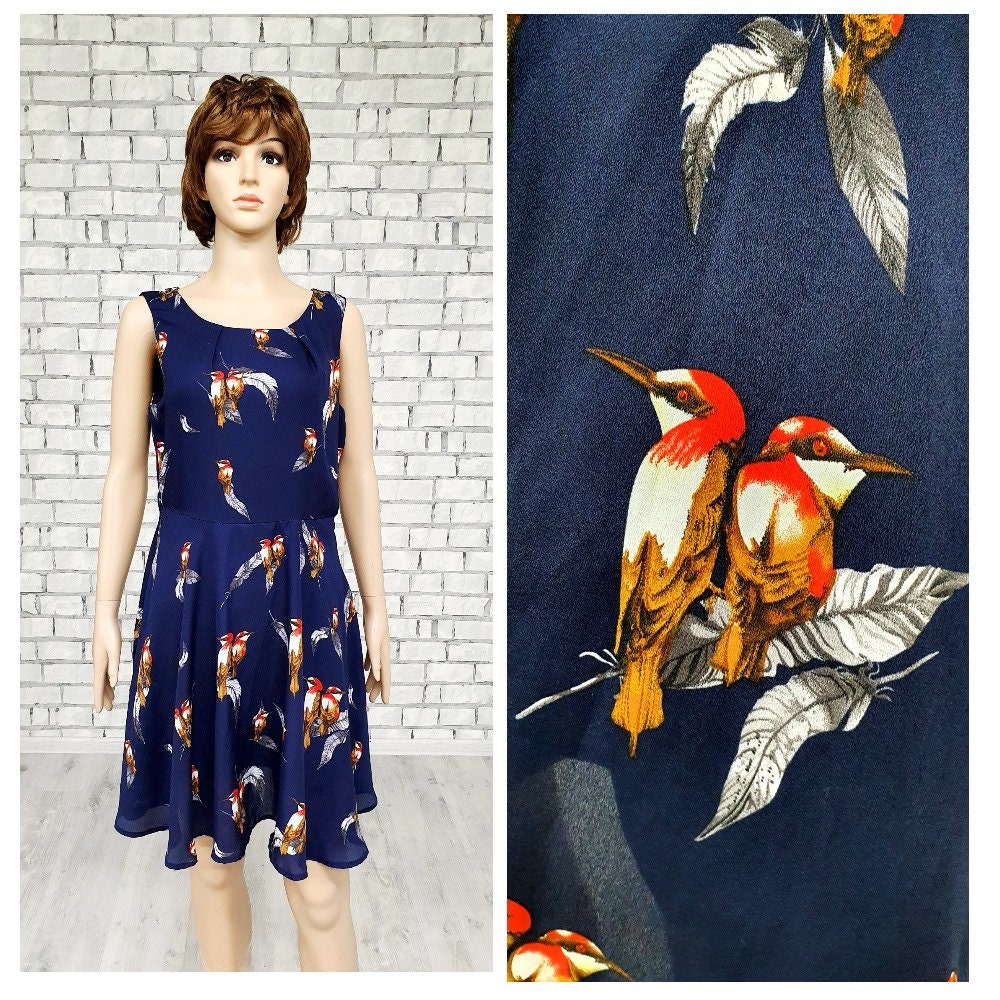 Schwester Geschenk Damen Kleid Vintage Vogel Print L Strandkleid Marineblau Sonnenkleid Casual Dress Party Minikleid von Lolitavintagee