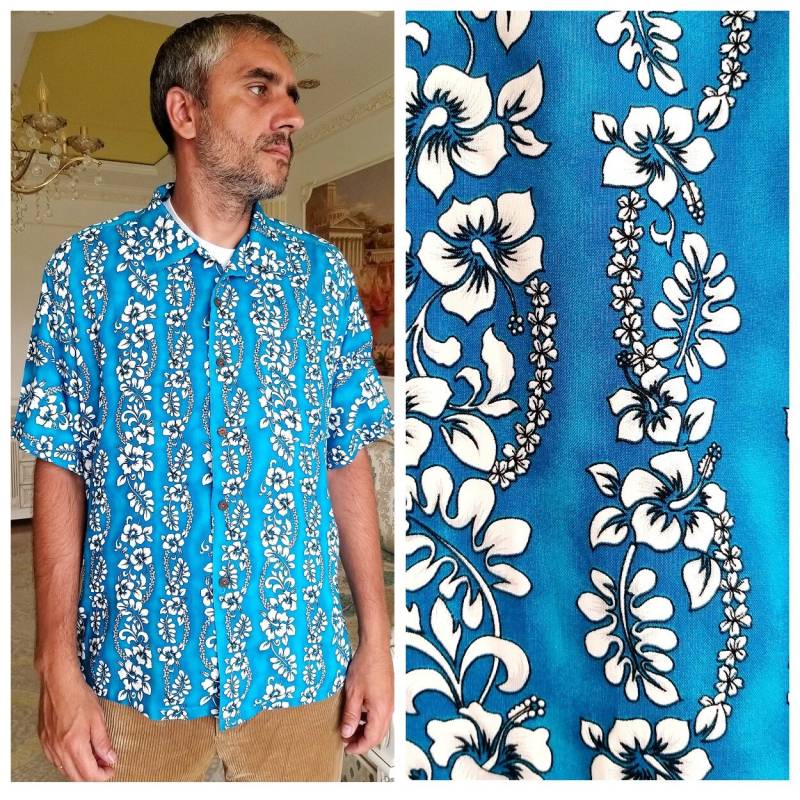 Sommer Shirt Herren Floral Boho Blau Hawaiian Shirts Hawaiian Print Hippie Aloha M Beach von Lolitavintagee