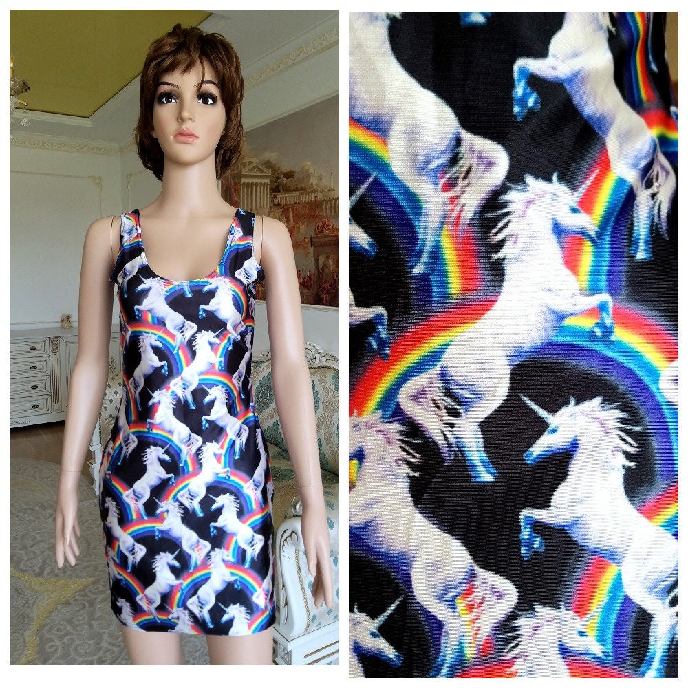 Stretch Kleid Regenbogen Bunt Buntes Vintag Einhorn Print Sommerkleid Kleidung Sonnenkleid Strandkleid S von Lolitavintagee