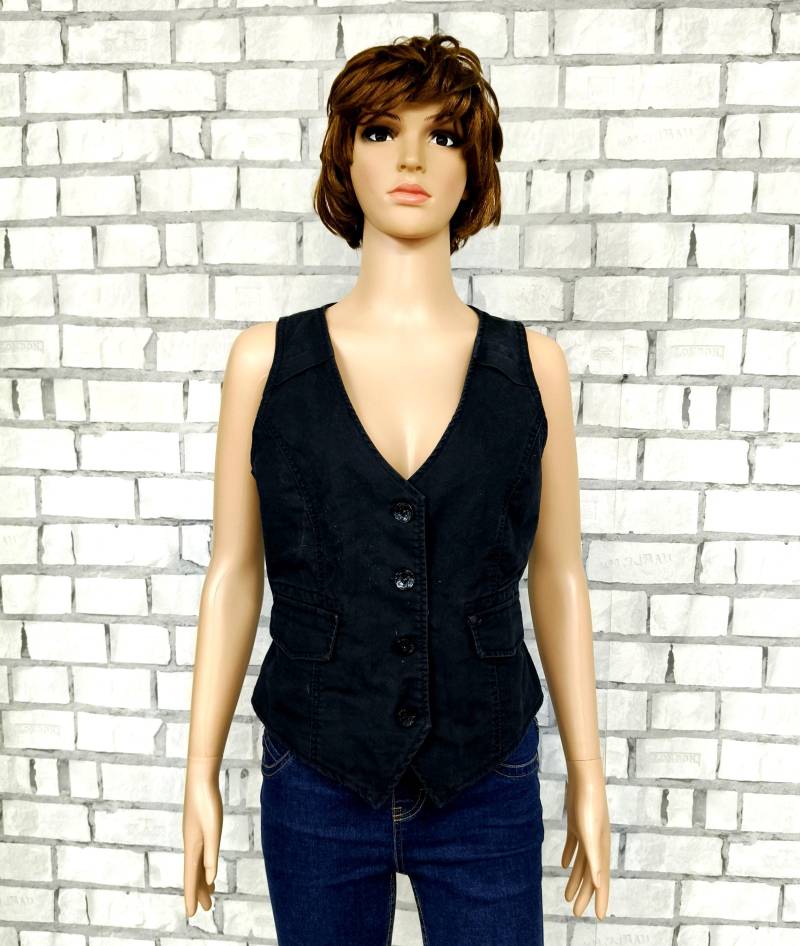 Vintage Damen Schwarz Denim Jeans Weste Top M Baumwolle Retro Westen von Lolitavintagee