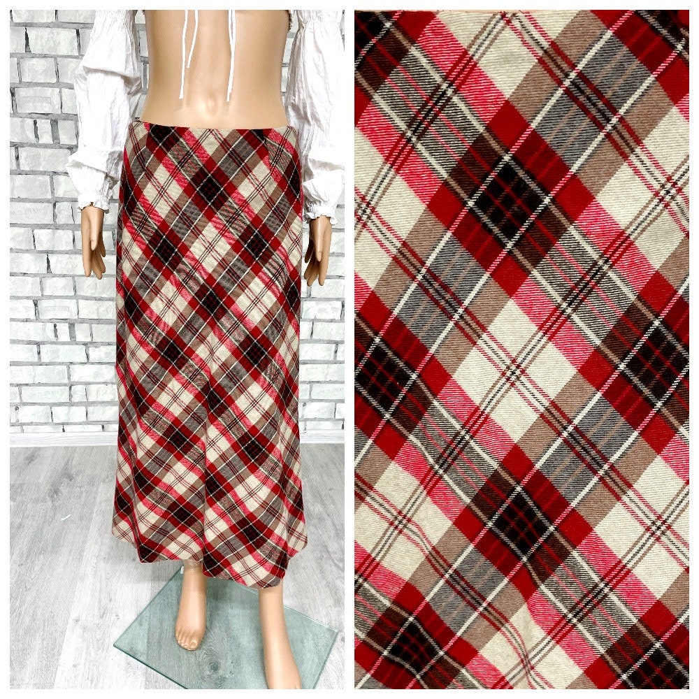 Weihnachtsgeschenk Frauen Rock Vintage Wollrock M Langer Rot Karierter Warmer Winterrock Tartan Weihnachtsrock Bleistiftrock von Lolitavintagee