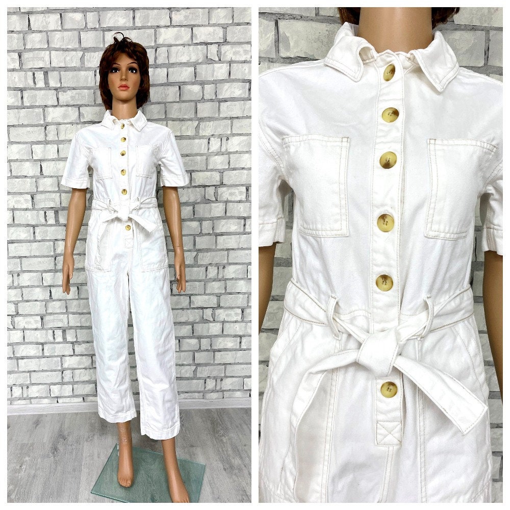 Weißer Jumpsuit Xs, Weißer Overall Für Damen, Einteiler, Overall, Vintage-Knöpfe, Arbeitskleidung, Mechaniker-Uniform von Lolitavintagee