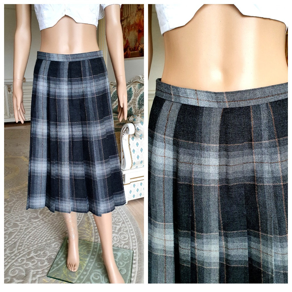 Winterrock Wolle Rock Grau Kariert Midi Faltenrock Tartan Damen Vintage Warmer Lehrerrock S/M von Lolitavintagee