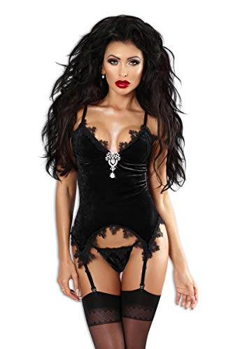 Frauen Dessous Gorset schwarzes Strapshemd mit Strumpfhalter und T-String in grün aus Samt Material L/XL von Lolitta Dessous