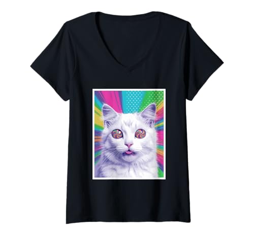 Damen Niedliche Katze Swirl Lutscher Spirale Augen Regenbogen Pop Art T-Shirt mit V-Ausschnitt Damen Niedliche Katze Swirl Lutscher Spirale Augen Regenbogen Pop Art T-Shirt mit V-Ausschnitt von LollipopCats