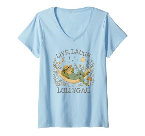 Damen Live Laugh Lollygag, lustiger Cowboy-Frosch, Hüttenkern T-Shirt mit V-Ausschnitt Damen Live Laugh Lollygag, lustiger Cowboy-Frosch, Hüttenkern T-Shirt mit V-Ausschnitt von Lollygagging Society
