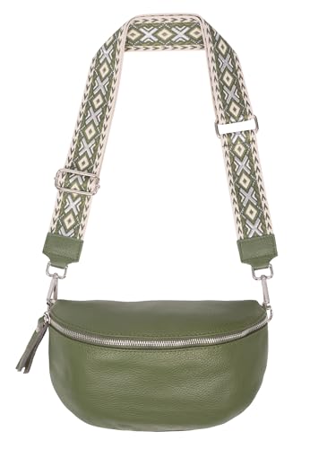 Große Crossbody Gürteltasche aus 100% Leder Umhängetasche Schultertasche mit breitem Gurt - Jaime (olivgrün) von Lolus