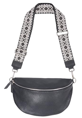 Große Crossbody Gürteltasche aus 100% Leder Umhängetasche Schultertasche mit breitem Gurt - Jaime (schwarz 2) von Lolus