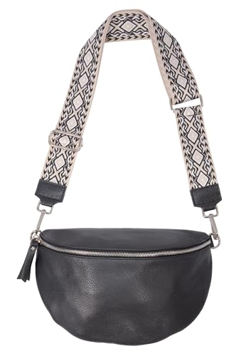 Große Crossbody Gürteltasche aus 100% Leder Umhängetasche Schultertasche mit breitem Gurt - Jaime (schwarz 3) von Lolus