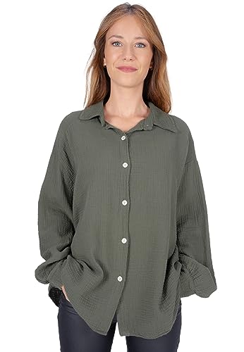 Lolus Kurze Musselinbluse Oversized Musselin Hemdbluse mit Knopfverschluss aus 100% Baumwolle (Sasha - Dark Khaki) von Lolus