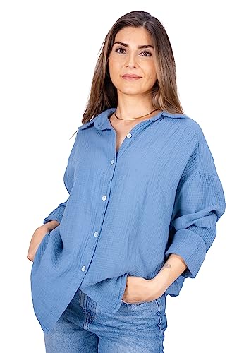 Lolus Kurze Musselinbluse Oversized Musselin Hemdbluse mit Knopfverschluss aus 100% Baumwolle (Sasha - Jeansblau) von Lolus