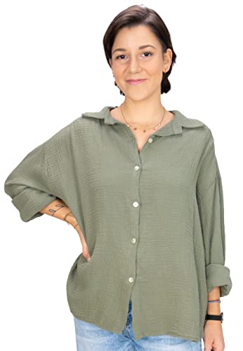 Lolus Kurze Musselinbluse Oversized Musselin Hemdbluse mit Knopfverschluss aus 100% Baumwolle (Sasha - Khaki) von Lolus