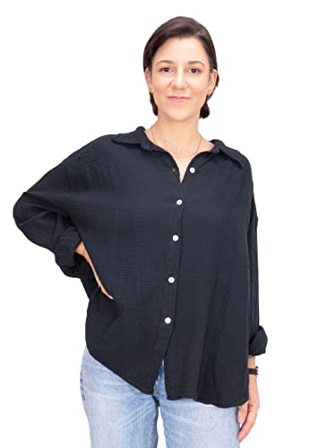 Lolus Kurze Musselinbluse Oversized Musselin Hemdbluse mit Knopfverschluss aus 100% Baumwolle (Sasha - schwarz) von Lolus