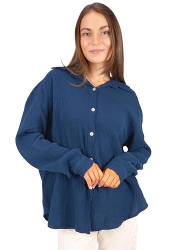 Lolus Kurze Musselinbluse Oversized Musselin Hemdbluse mit Knopfverschluss aus 100% Baumwolle - Sasha (Dunkelblau) von Lolus