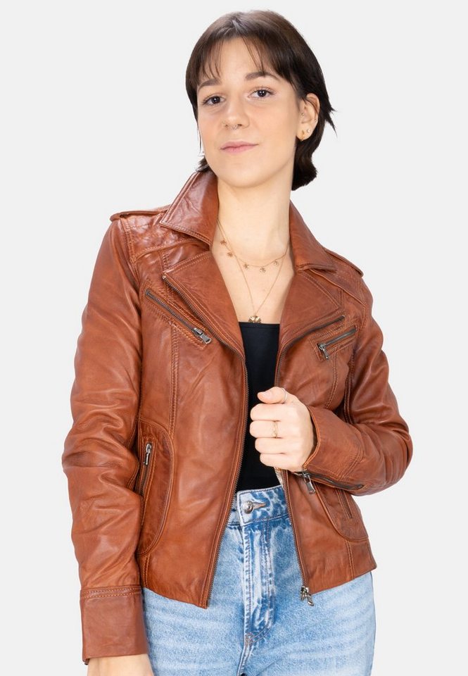 Lolus Lederjacke Mariah cognac Kurze Damen Biker Lederjacke mit Reverskragen von Lolus