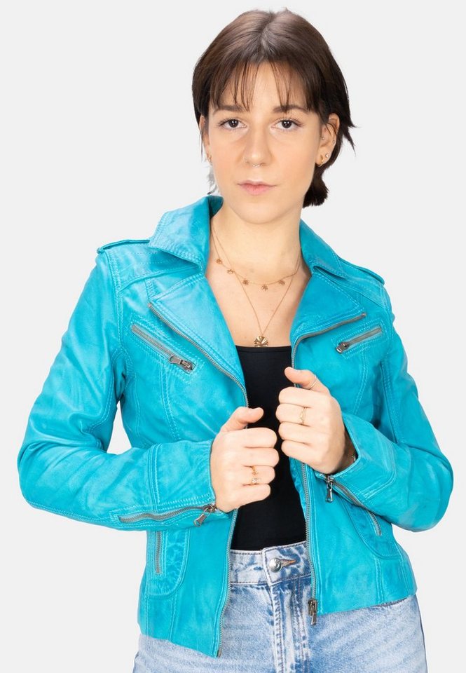 Lolus Lederjacke Mariah fabulous blue Kurze Damen Biker Lederjacke mit Reverskragen von Lolus