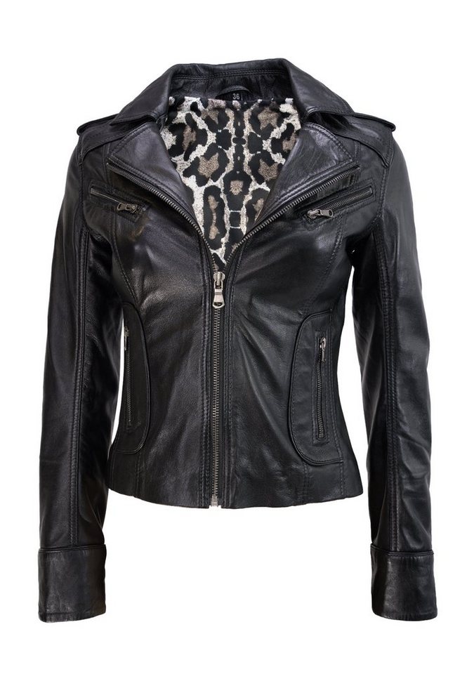 Lolus Lederjacke Mariah schwarz Kurze Damen Biker Lederjacke mit Reverskragen von Lolus