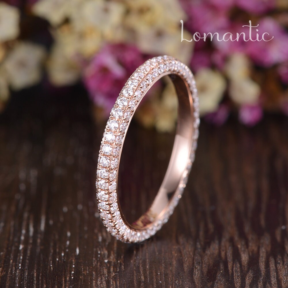 3D Paveed Ehering Frauen Diamant Band Moissanite 3 Seite Rose Gold 3-Seitiger Einzigartig Volle Ewigkeit von Lomantic