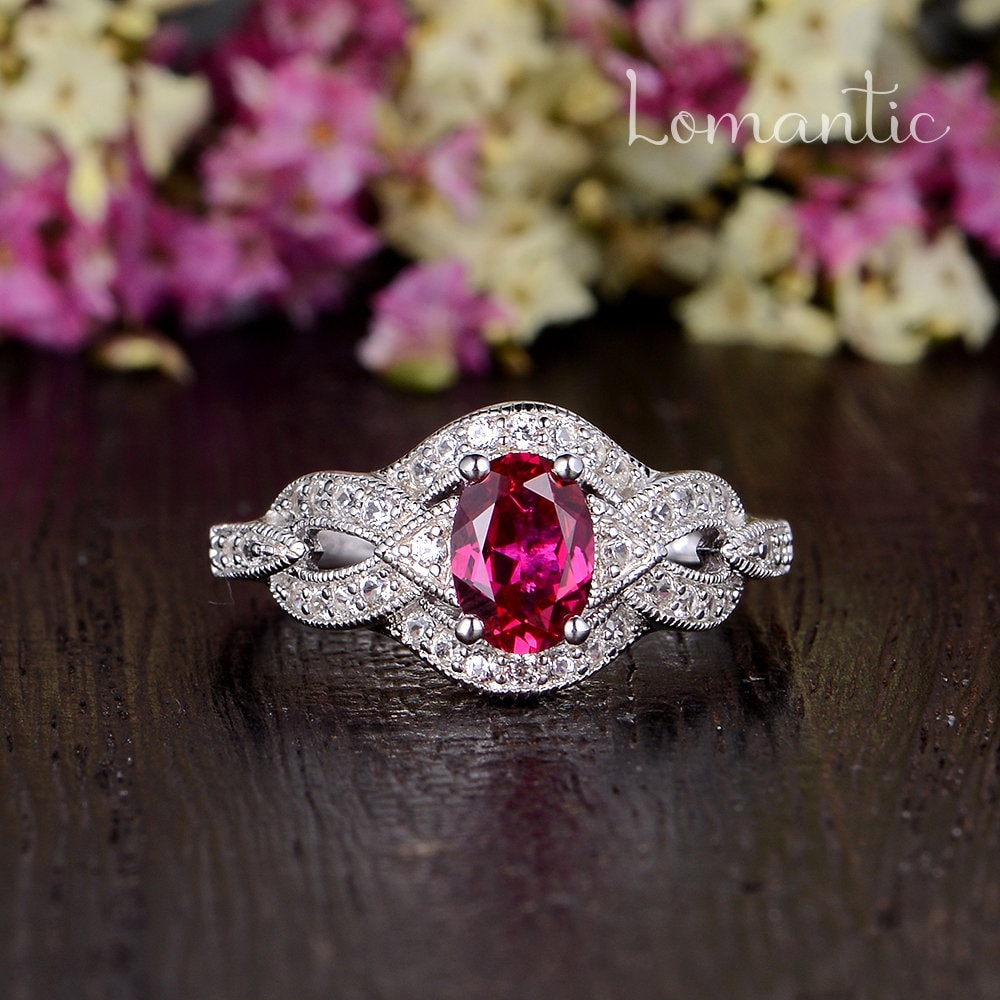 Antik Verlobungsring Weißgold Lab Rubin Oval Juli Geburtsstein Ring Moissanite Liebesknoten Milgrain Perlen Vine Cross Retro von Lomantic