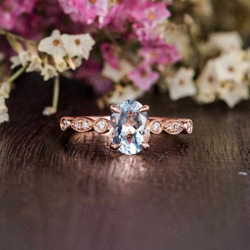 Aquamarin Ring Rosegold Verlobungsring Oval Geschnitten Art-Deco-Ring Retro - Frauen Antik Braut Versprechen März Birthstone Jahrestag Kralle Prong von Lomantic