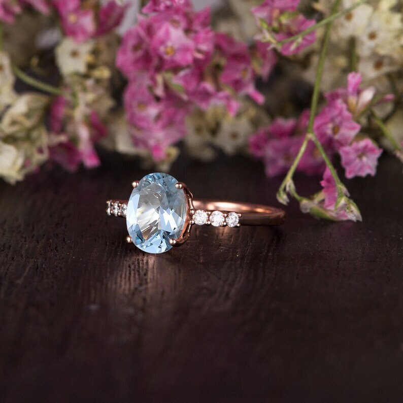 Aquamarin Verlobungsring März Birthstone Ring Oval Cut Blauer Edelstein Diamant Minimalist Hochzeit Braut Jahrestag Geschenk Custom von Lomantic