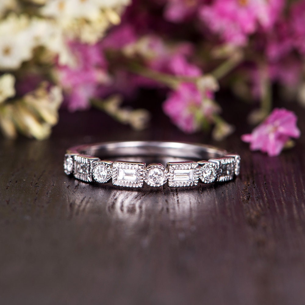 Baguette Diamant Ehering Frauen Antik Weißgold Ring Art Deco Stacking Band Versprechen Retro Antike Lünette Set Milgrain von Lomantic