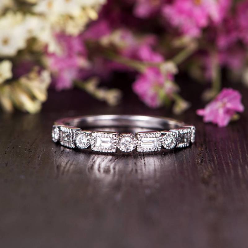 Baguette Diamant Ehering Frauen Antik Weißgold Ring Art Deco Stacking Band Versprechen Retro Antike Lünette Set Milgrain von Lomantic